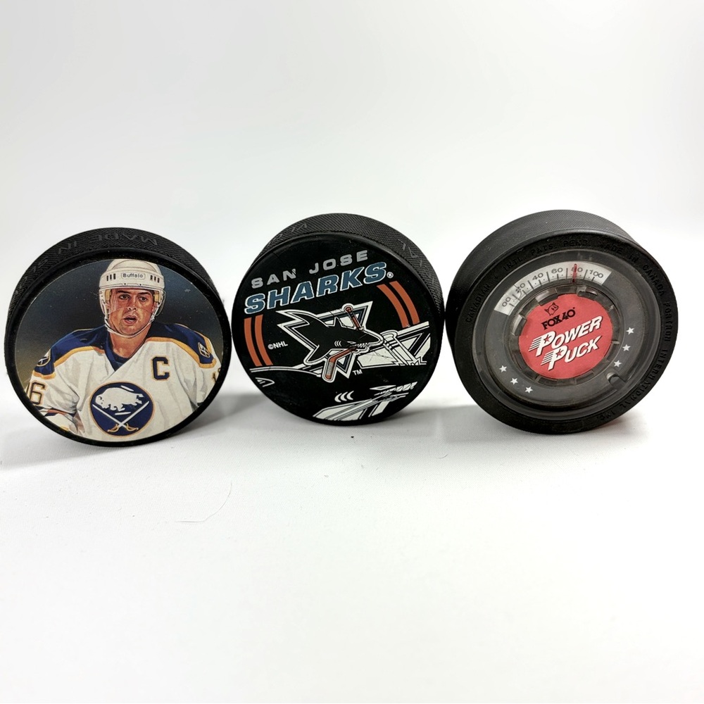Hockey Puck lot 3 Pucks: 90s Sabres Lafontaine + Sharks + Fox 40 Power Puck